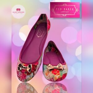 Ted Baker London IMME 2 Sz 9  Vibrant Floral Pink Ballet Flats Rosegold Bows